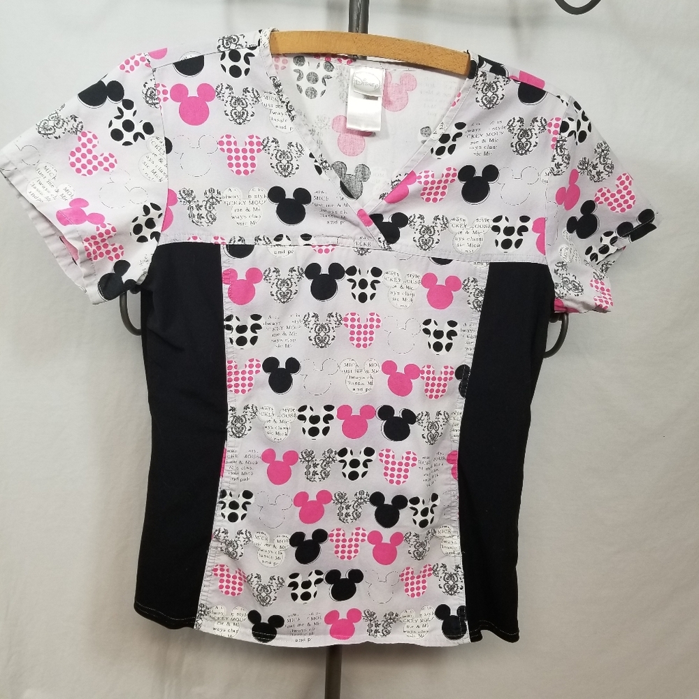 Disney Gray Mickey Mouse Graphic Print Women's XS Short Sleeve Scrub Top